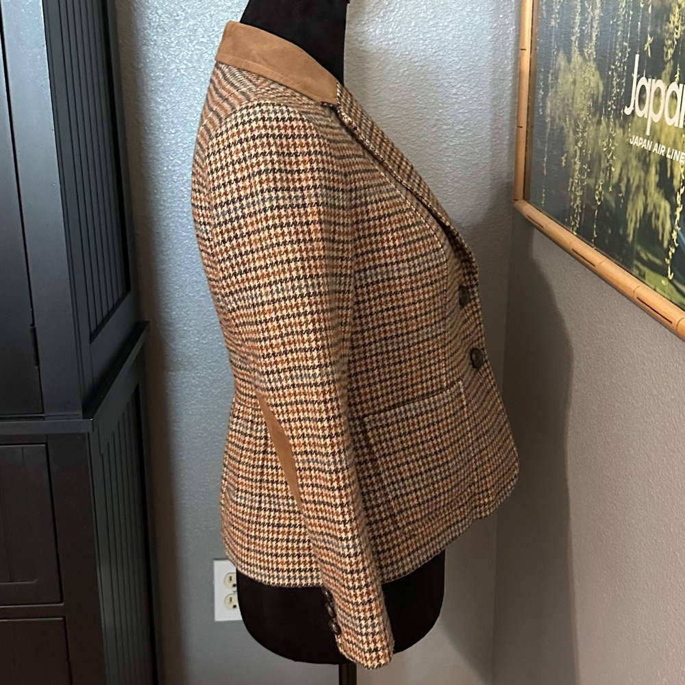 Talbots Petites Wool Blend Houndstooth Blazer 2P Elbow Patch Jacket Preppy - Picture 5 of 7
